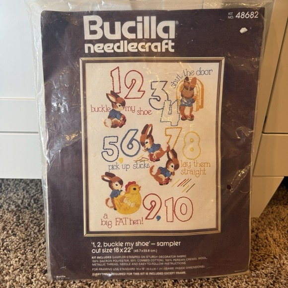 Bucilla Jewelry - Vintage  Bucilla Needlecraft " 1 ‎ 2  Buckle My Shoe " Sampler 48682  NEW  18x22